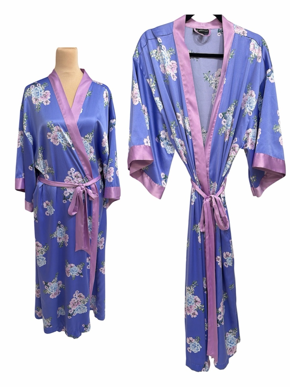 INC International Concepts Lavender Floral Satin Kimono Robe with Pink Trim